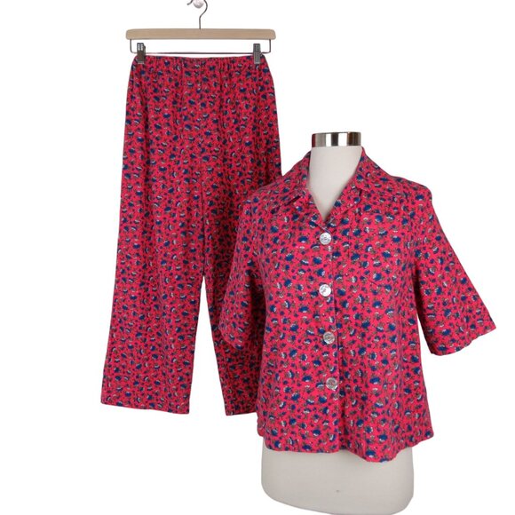 VINTAGE Women's Handmade Pink Blue Floral Flannel Pajama Set S-M PJs Sleepwear - Picture 1 of 9